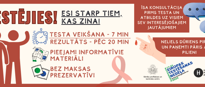 Aicina bez maksas veikt HIV, B un C hepatīta, kā arī sifilisa eksprestestus visā Latvijā