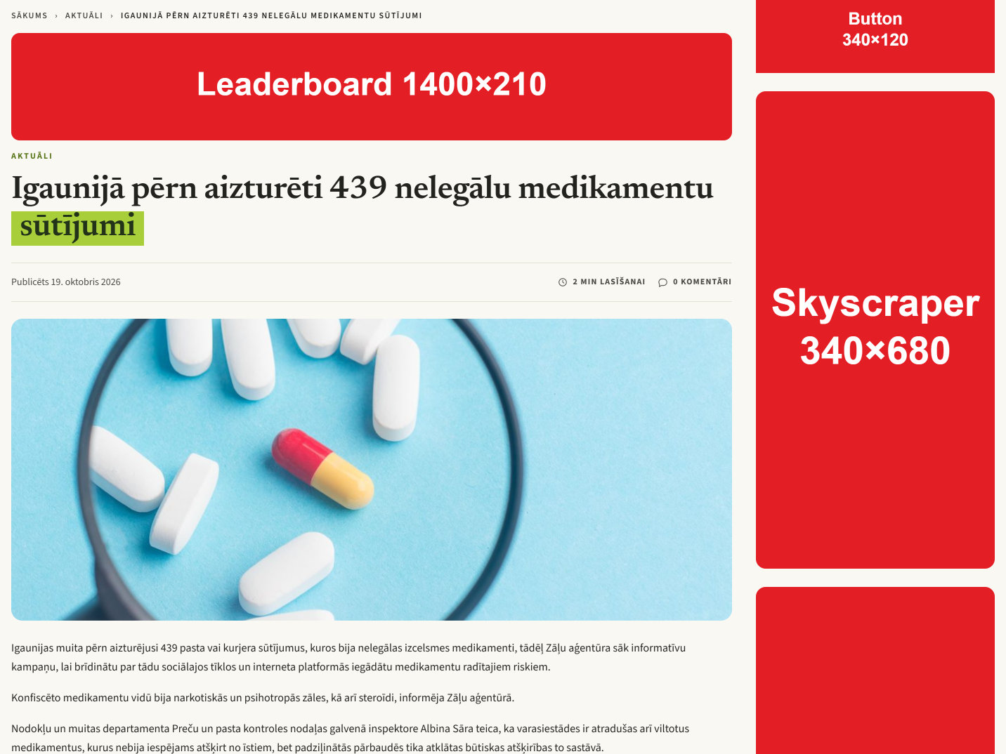 Reklāmas vietas raksta augšā un sānjoslā